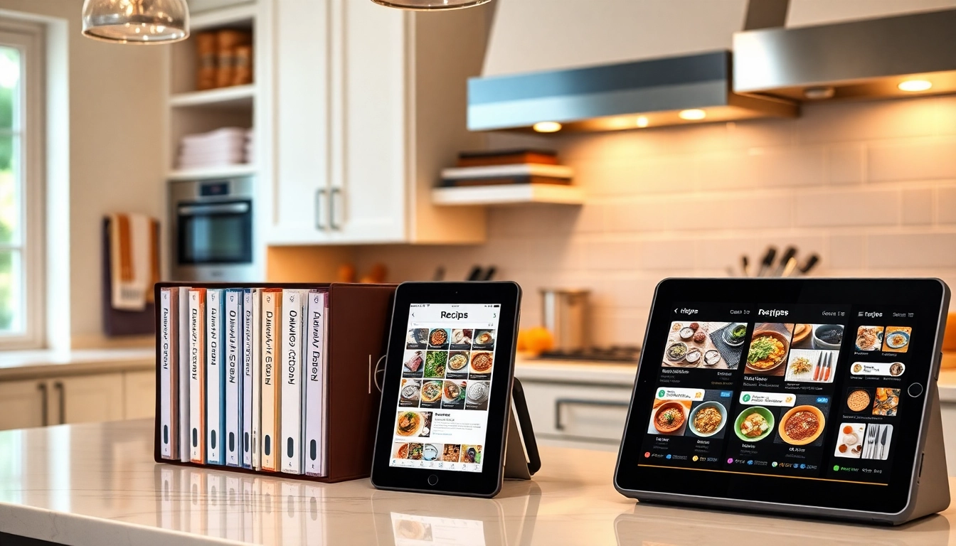 A well-organized recipe collection featuring digital and physical recipes, highlighting easy access and neat storage solutions for efficient cooking.