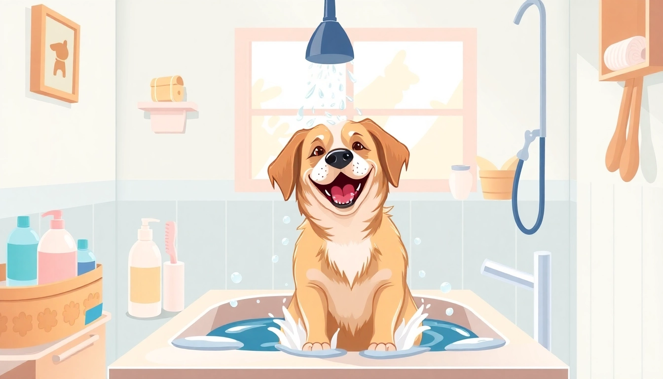 Happy dog enjoying a bath at a dog wash near me, surrounded by colorful grooming supplies and a comfy wash station.