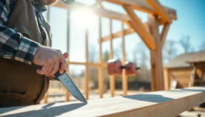 Carpenter measuring and cutting wood for a construction project with hand tools in a well-lit workshop environment, showcasing expertise and craftsmanship.