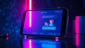 Futuristic AI chat interface with stylized characters in a cyberpunk environment