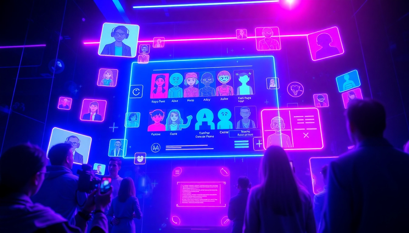 Futuristic digital social media universe with holographic interfaces and AI characters in vibrant neon colors.