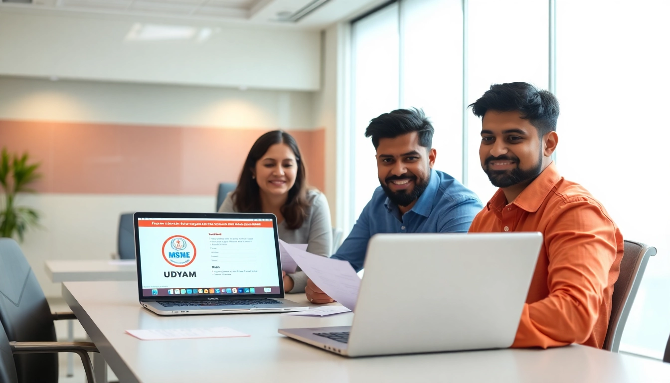 Online Udyam registration process for MSMEs, entrepreneur filling form on laptop, professional setting.