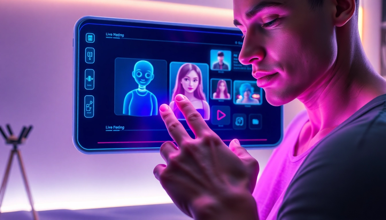 Close-up of a futuristic AI sexting interface with glowing visuals and a user interacting with the system in a high-tech setting.