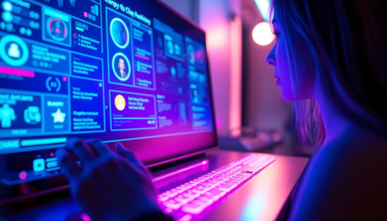 Futuristic AI chatbot interface with neon lights and holographic elements, emphasizing digital intimacy and customization.