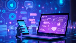 Digital illustration of a user interacting with an AI chatbot on a smartphone and laptop, with glowing chat bubbles and futuristic holographic background.