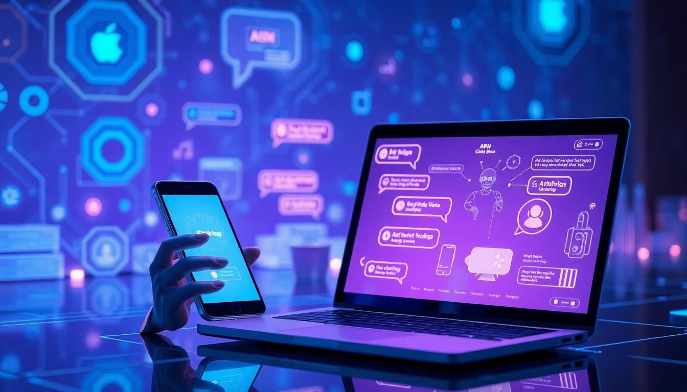 Digital illustration of a user interacting with an AI chatbot on a smartphone and laptop, with glowing chat bubbles and futuristic holographic background.