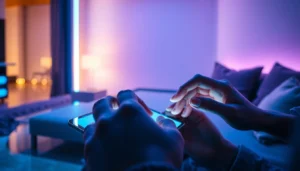 Person engaging with a high-tech AI chat platform on a smartphone in a modern room.