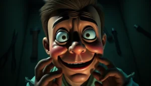 A distressed cartoon character with a fearful expression, surrounded by dark, gritty textures and ominous tools, conveying psychological horror.
