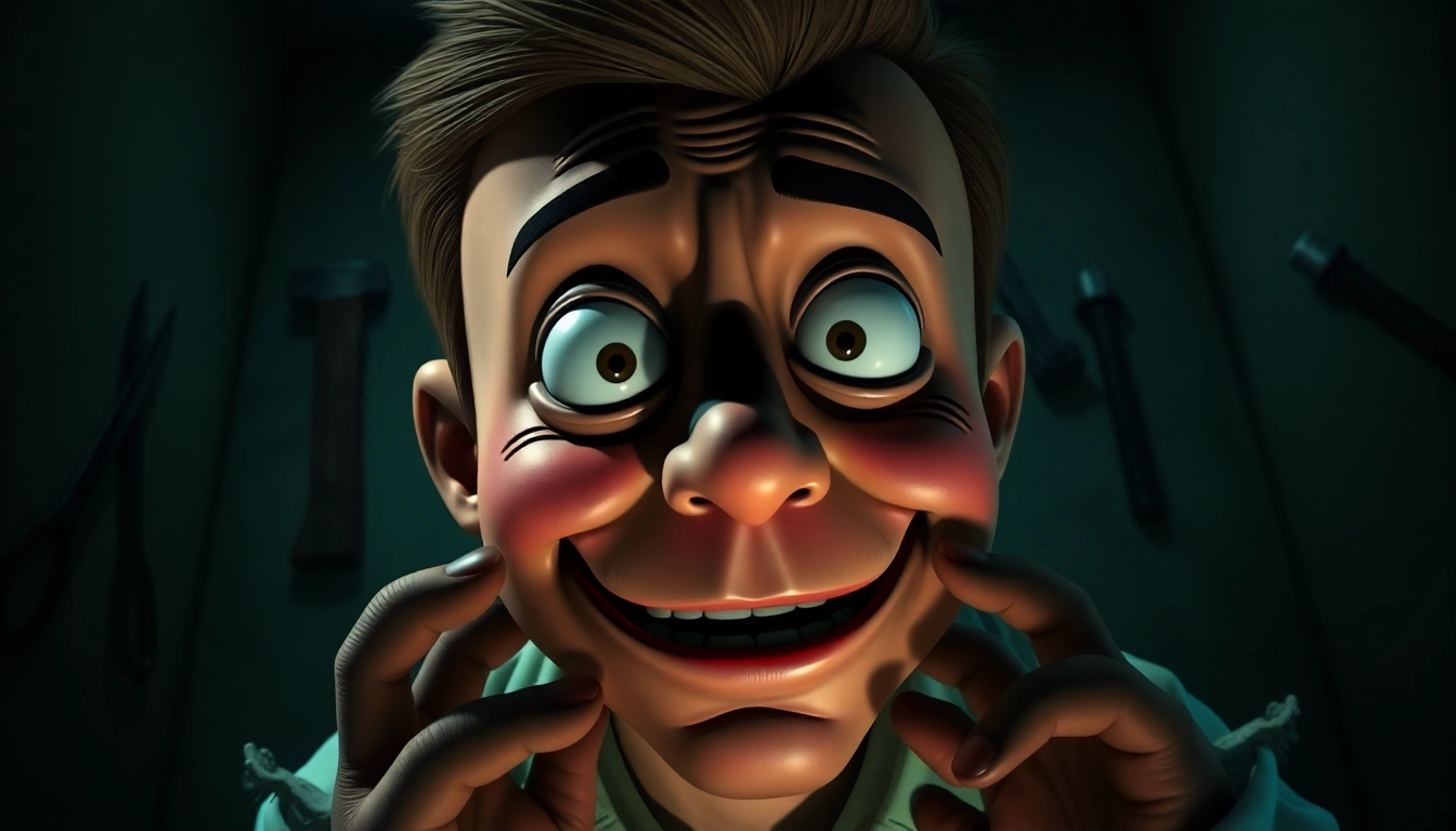 A distressed cartoon character with a fearful expression, surrounded by dark, gritty textures and ominous tools, conveying psychological horror.