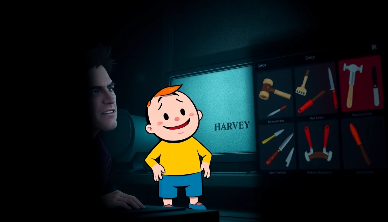A distressed man looks at a cheerful cartoon character with a shop menu of violent tools, highlighting the moral dilemma in a dark, gritty room.