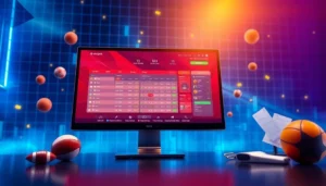 A modern online sportsbook interface on a computer screen with sports betting elements and vibrant digital effects.
