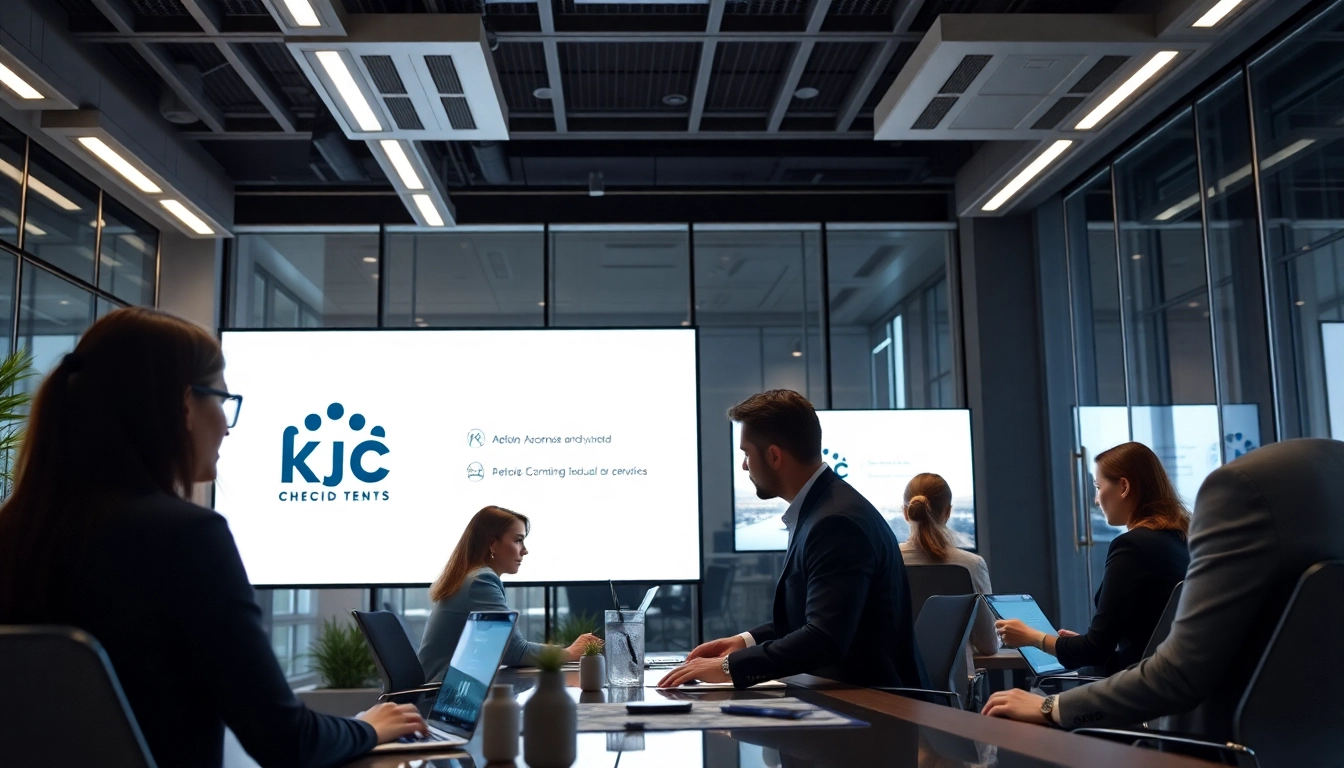 Professional team collaborating at KJC headquarters, emphasizing digital innovation and teamwork in reaching global goals.