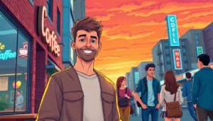 A modern city scene at sunset with young adults conversing, featuring a confident man near a coffee shop under neon lights.