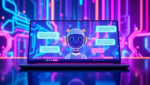 A futuristic AI chatbot interface with a friendly avatar and glowing data streams in a neon-lit environment.