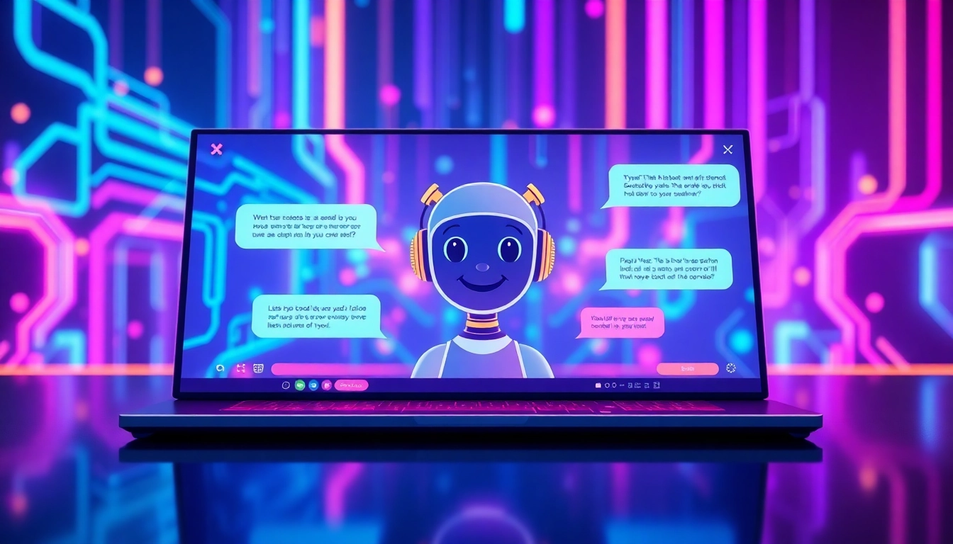 A futuristic AI chatbot interface with a friendly avatar and glowing data streams in a neon-lit environment.