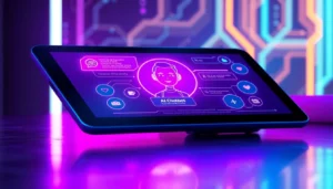 Digital illustration of a futuristic AI chatbot interface with holograms and vibrant neon colors.