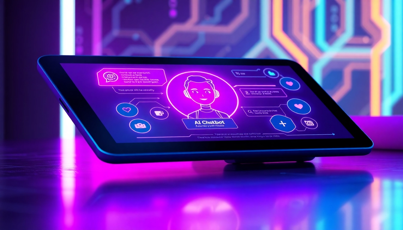 Digital illustration of a futuristic AI chatbot interface with holograms and vibrant neon colors.