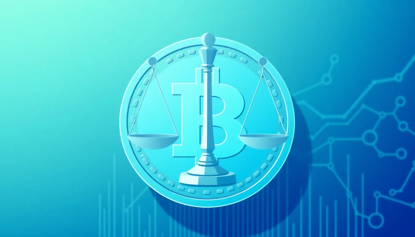 Comprehensive guide to stablecoin regulations illustrating regulatory scales on a digital stablecoin, emphasizing compliance and stability.