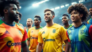 High-quality team uniforms in vibrant colors worn by athletes during action, showcasing customization, fabric quality, and style for sports teams.