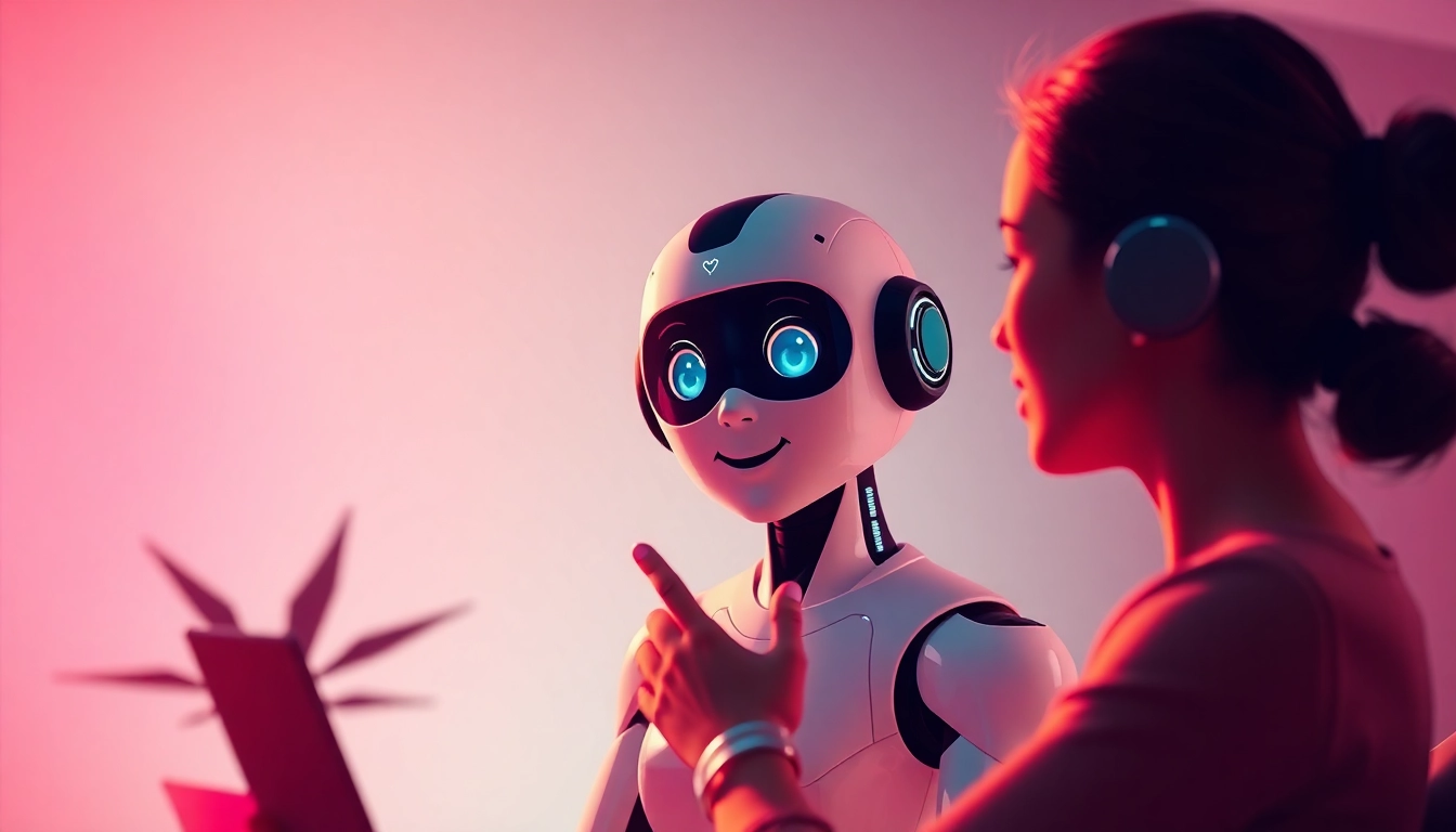 Engaging AI girlfriend chat interface with a friendly virtual character fostering connection and intimacy for users seeking companionship.