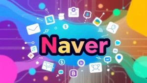 Naver logo displayed amidst digital icons illustrating search, messaging, and online services for users.