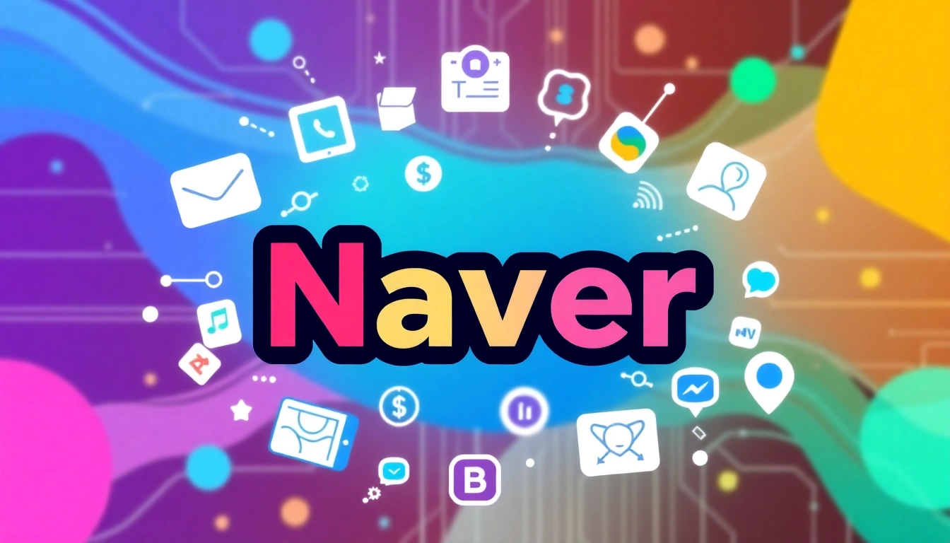 Naver logo displayed amidst digital icons illustrating search, messaging, and online services for users.