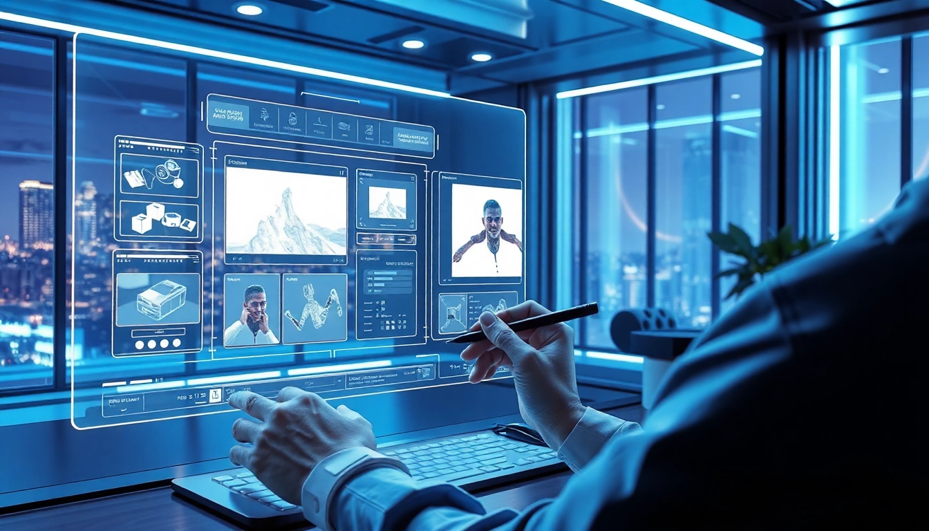 Futuristic workspace with holographic AI-powered image editing interface and a user interacting with it.