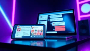 Futuristic AI chatbot interface on devices with neon accents and customizable character icons