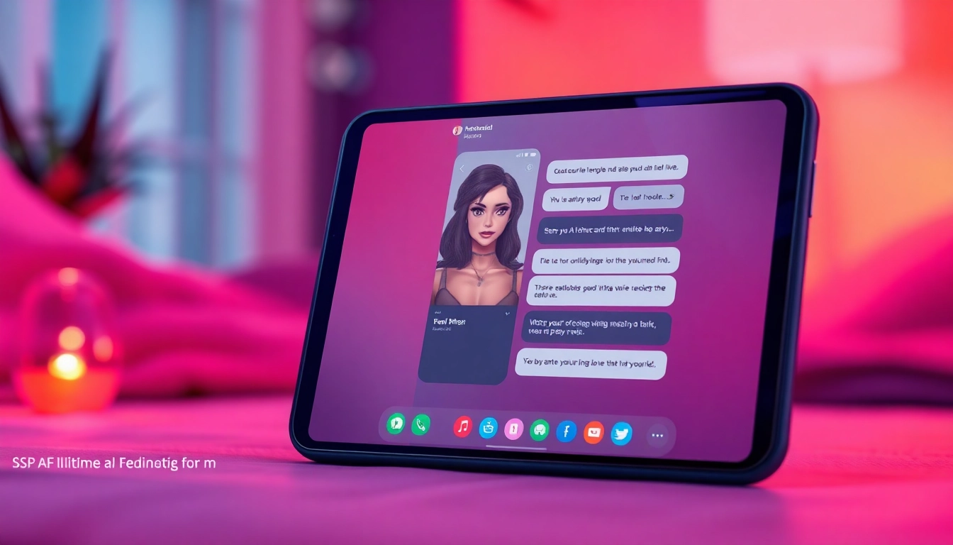A smartphone and desktop screen showing a customizable NSFW AI chat interface with an alluring AI character.