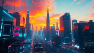Dynamic showcase of ai image generator no restrictions creating a vivid futuristic cityscape with neon lights and reflections, highlighting powerful features accessible without limitations.