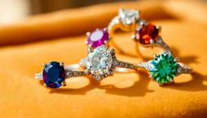 Engagement rings with gemstones featuring vibrant sapphires, rubies, and emeralds in elegant settings, showcasing craftsmanship and color.