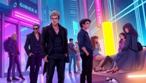 Futuristic urban scene depicting alpha, beta, and omega characters in a vibrant, neon-lit city environment, highlighting societal hierarchy and interactions.