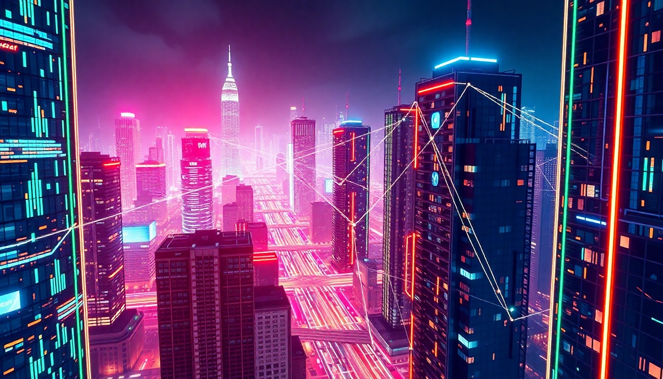 Blockchain technology visualization with interconnected digital nodes illustrating secure data