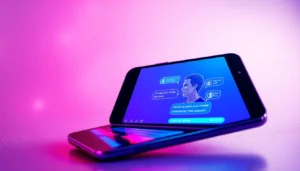Futuristic digital chat interface on a device with vibrant neon colors and immersive visuals representing adult AI conversations.