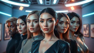Dynamic NSFW AI Generator scene: five hyperrealistic avatars in a digital studio.