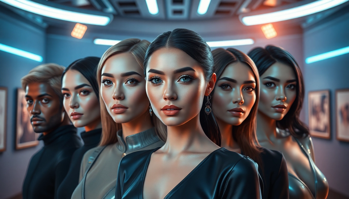Dynamic NSFW AI Generator scene: five hyperrealistic avatars in a digital studio.