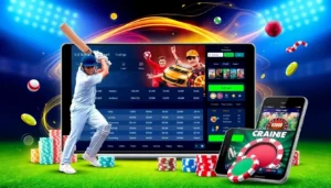 Gold365 online betting platform displaying sports and casino games with a user engaging on mobile, emphasizing security and variety for Indian players.