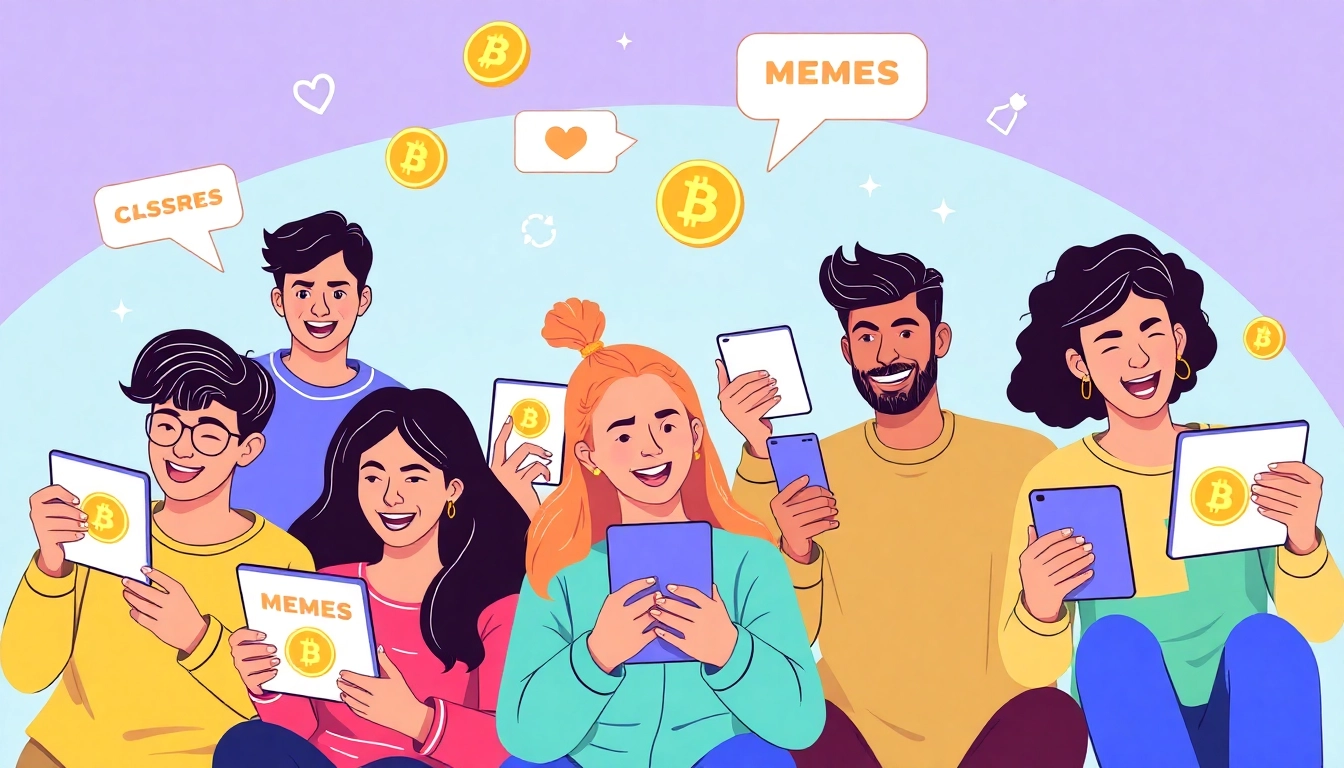 Crypto Community Meme enthusiasts share viral memes on digital devices creating a lively urban scene