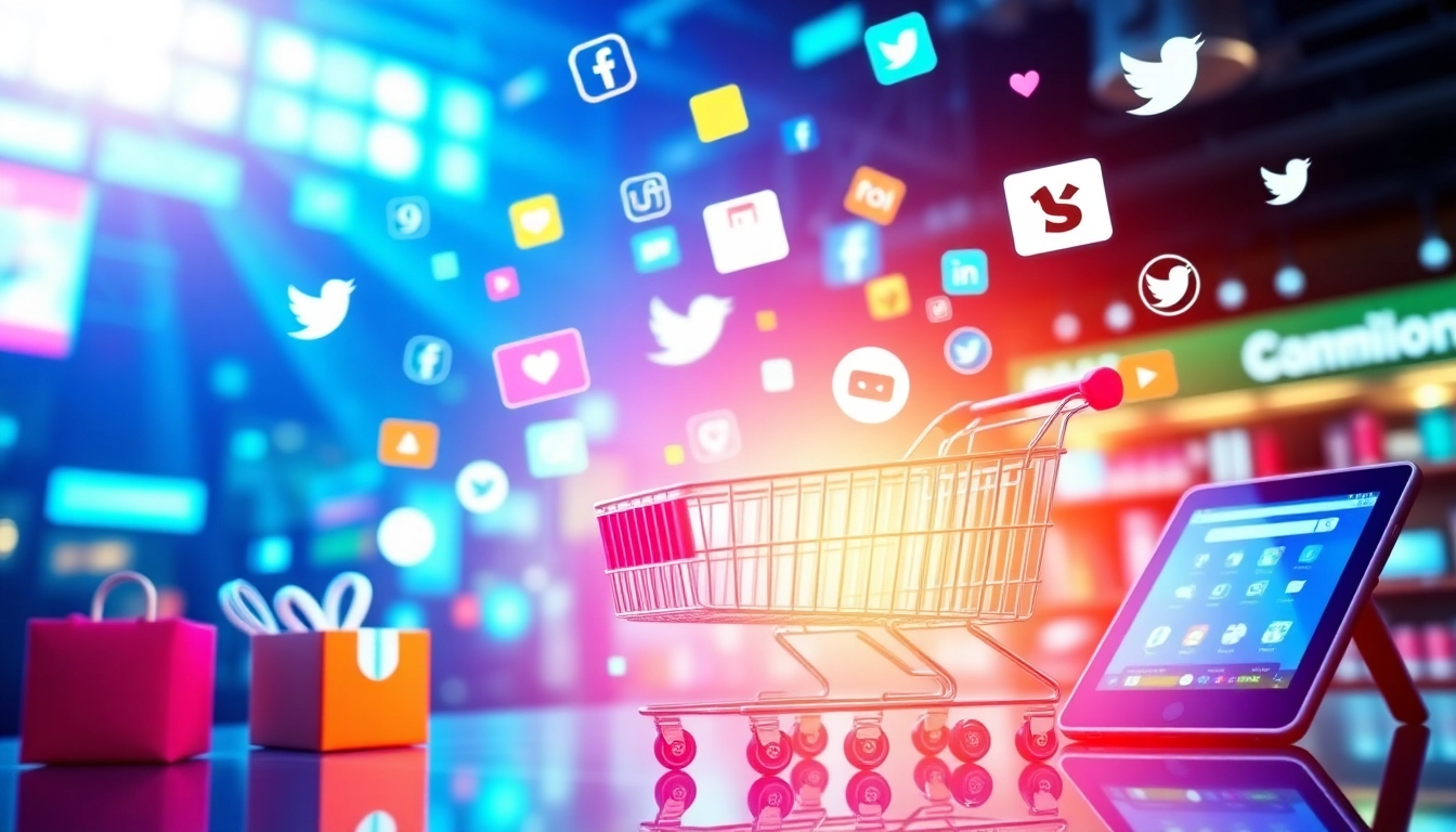 Social Commerce News highlights digital shopping on mobile devices with vibrant visuals and