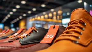 Eobuv sleva offers on trendy shoes with discount tags in a modern retail display for stylish