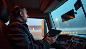 Truckers reviewing detailed trucker reviews on digital devices inside the truck cab for