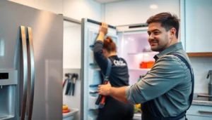 Skilled appliance repair Toronto technician fixing fridge in a bright kitchen, emphasizing