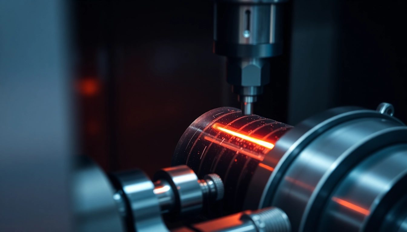 Toczenie CNC process showing a precision lathe shaping metal with sparks and cutting tools in a