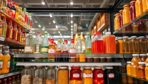 Plastic shise bottles and glass jars arranged on shelves showcasing sturdy materials and
