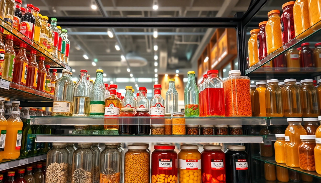 Plastic shise bottles and glass jars arranged on shelves showcasing sturdy materials and