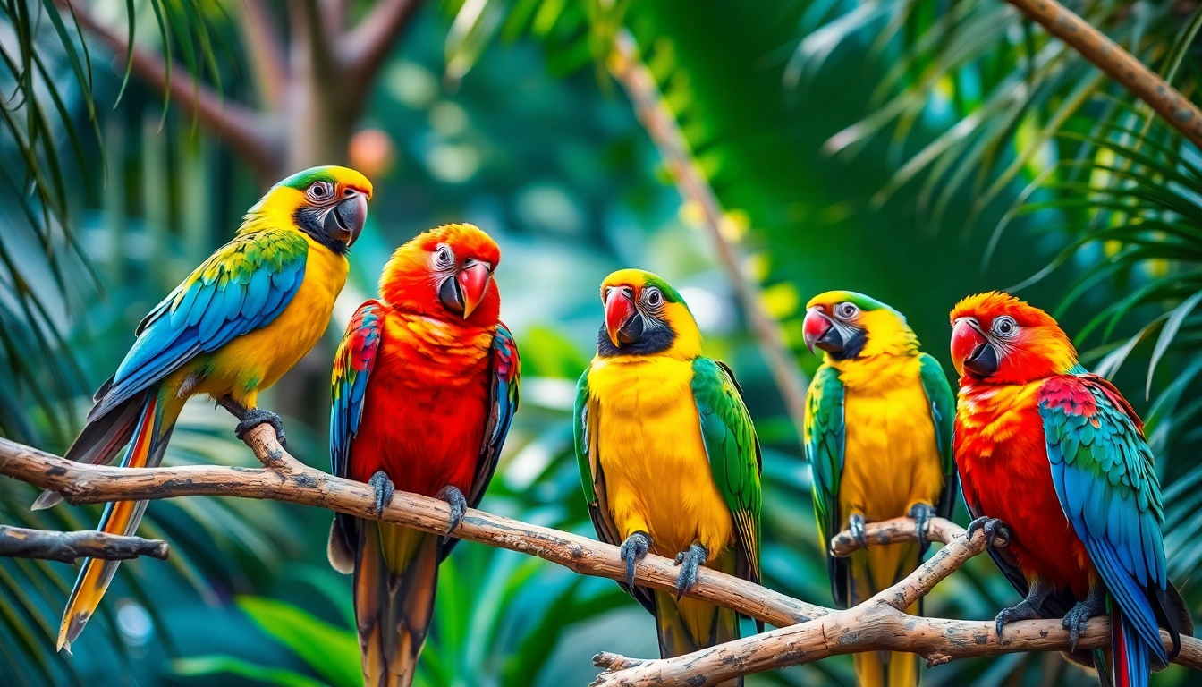 Vivid parrots sitting on branches, showcasing their bright feathers and playful demeanor