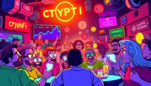 Crypto Community Meme featuring animated characters, charts, and gambling elements in a