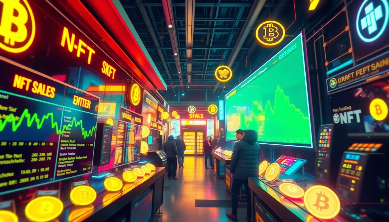 Visual of daily NFT sales activity with fluctuating graphs and vibrant blockchain visuals