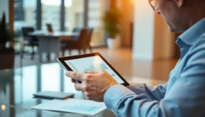 Financial analyst reviewing alternative investments updates on digital screen for investor