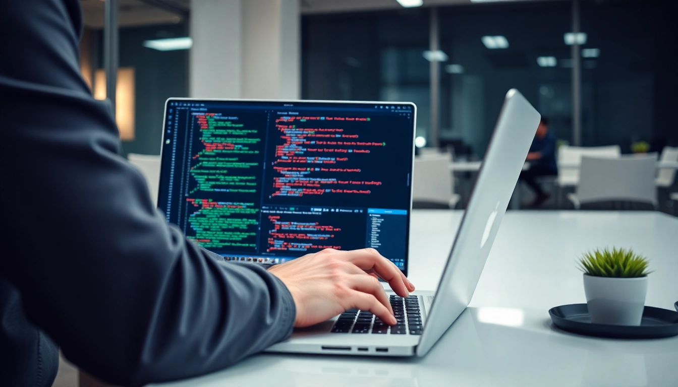 Python developer writing code on laptop in a modern office environment to showcase freelance